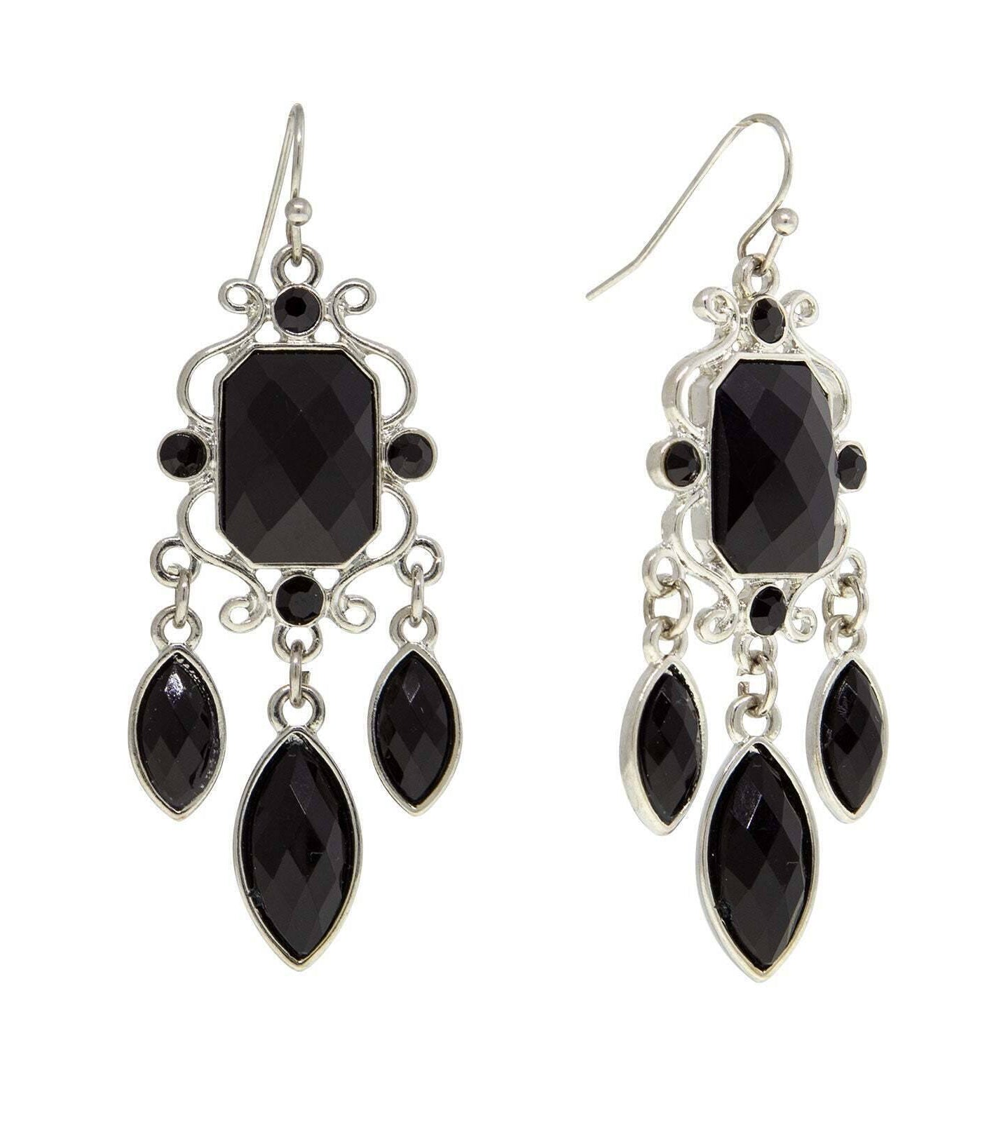 2028 Jewelry Black Octagon & Oval Crystal Drop Earrings
