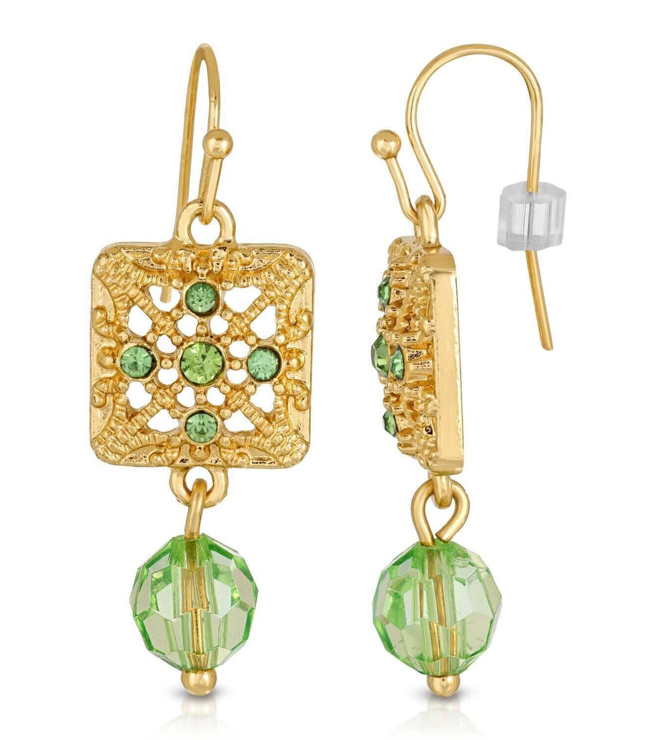 2028 Jewelry Square Green Crystal Filigree Drop Bead Earrings