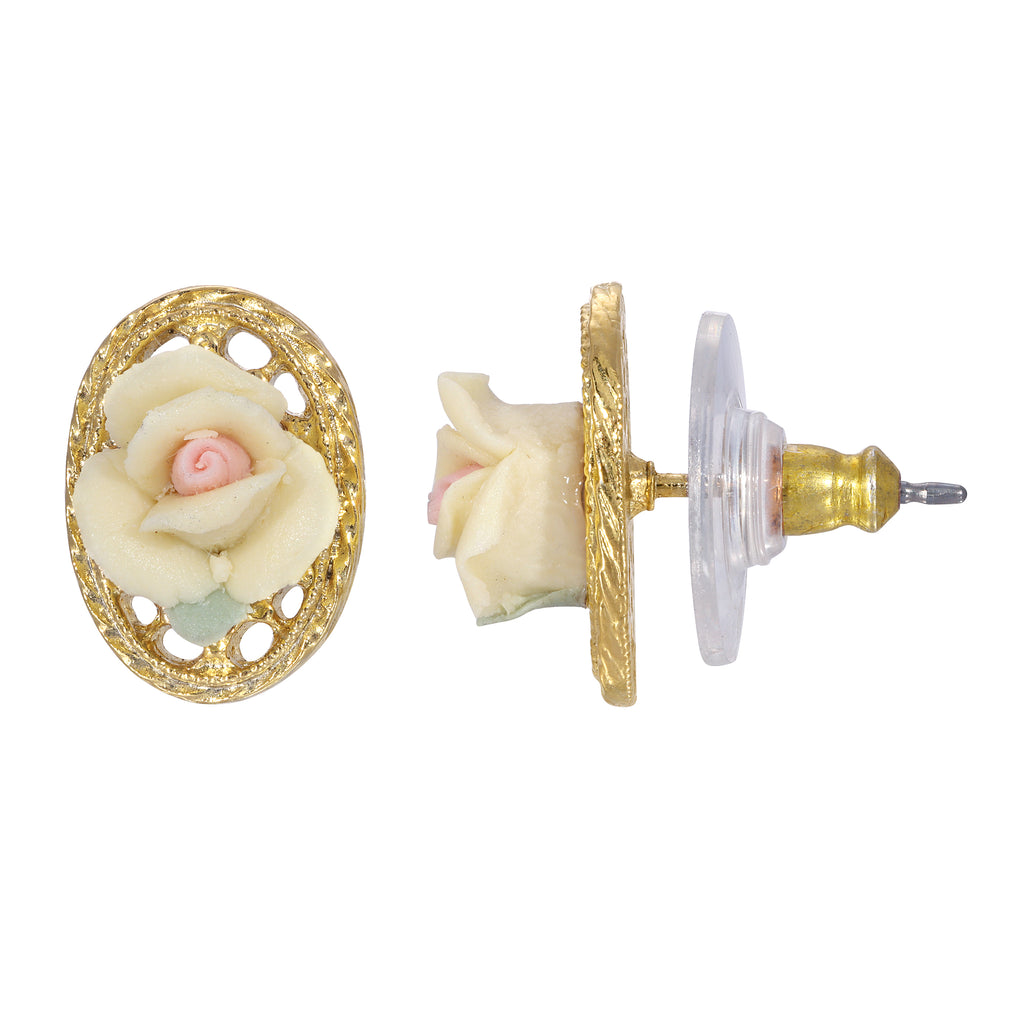 Ivory Porcelain Rose Filigree Oval Button Earrings