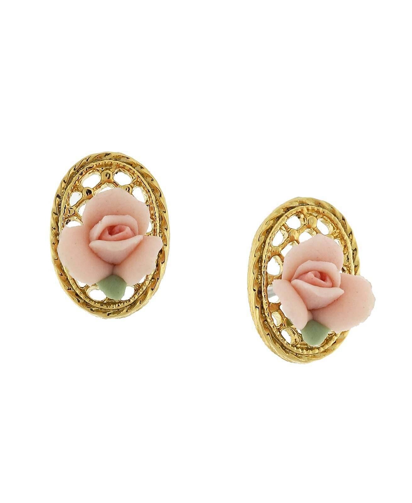 1928 Jewelry Porcelain Rose Filigree Oval Button Earrings