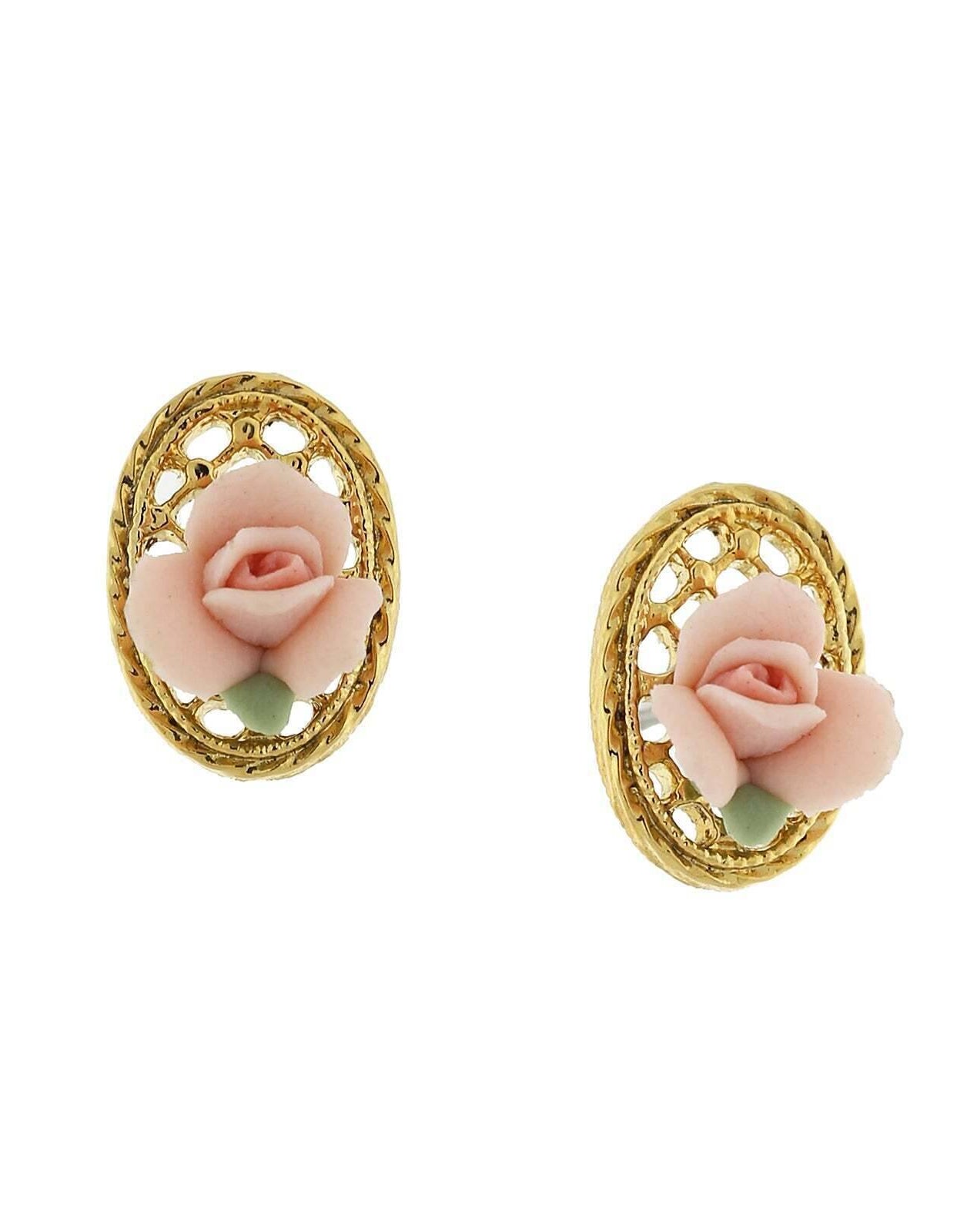 1928 Jewelry Porcelain Rose Filigree Oval Button Earrings