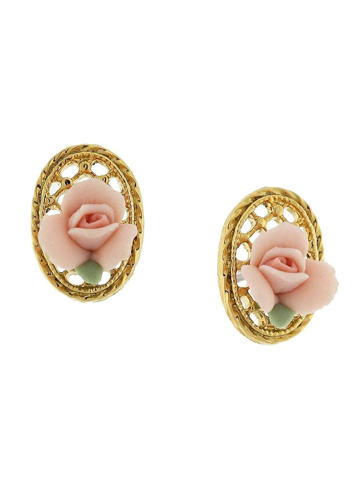 1928 Jewelry Porcelain Rose Filigree Oval Button Earrings