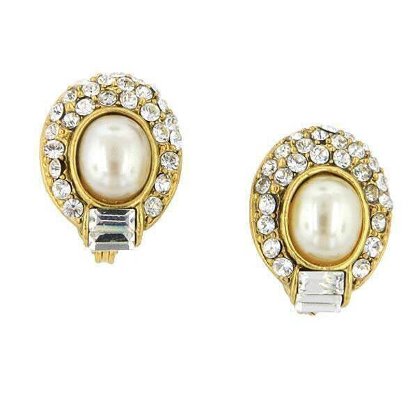 1928 Bridal Faux Pearl Crystal Oval Earrings