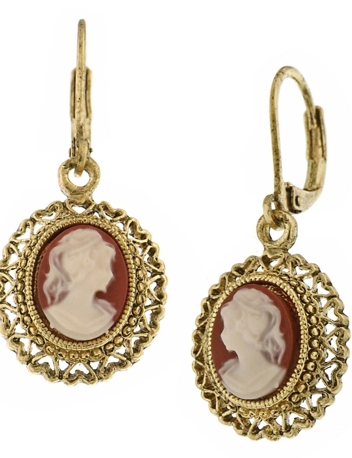 1928 Jewelry Dark Carnelian Oval Cameo Hearts Drop Earrings
