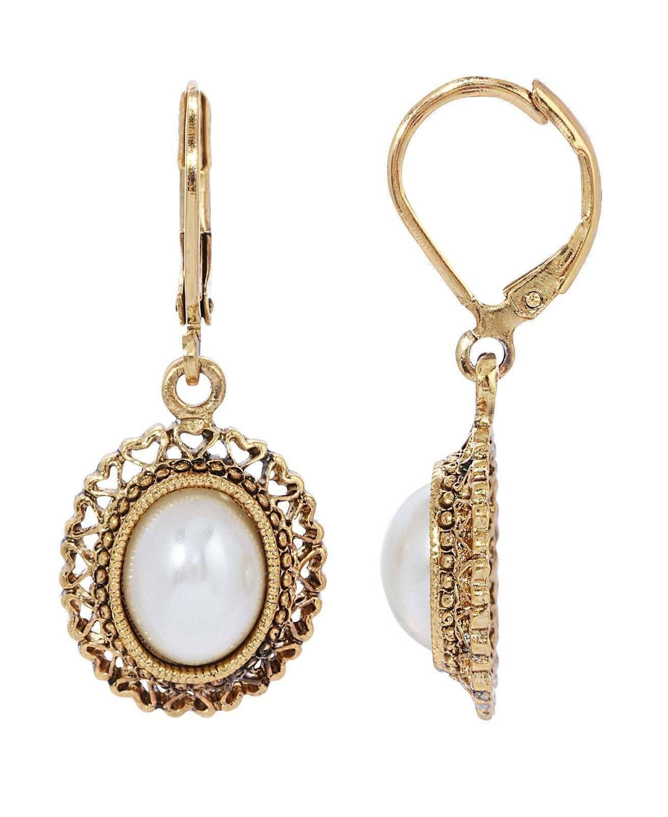 1928 Jewelry Majesties Oval Faux Pearl Hearts Drop Earrings