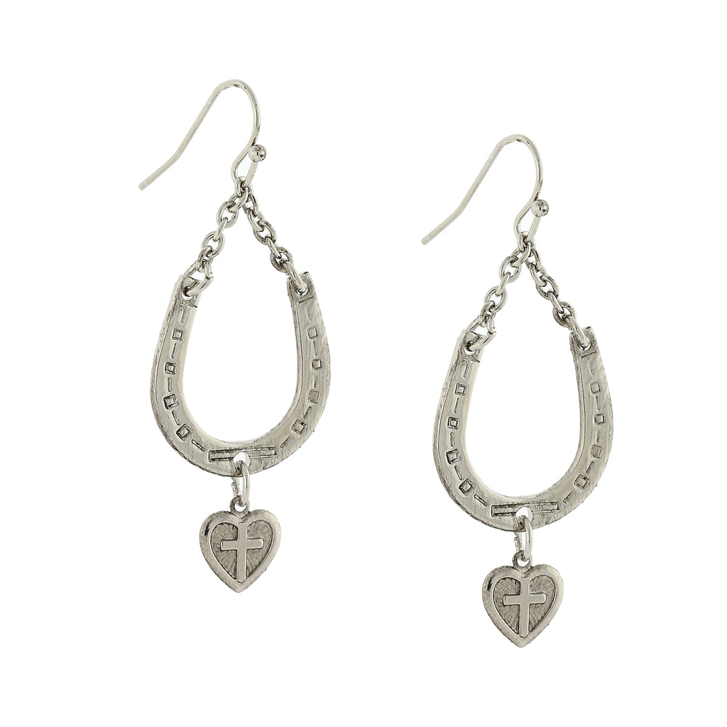 Silver Tone Horseshoe And Heart With Cross Drop Earrings