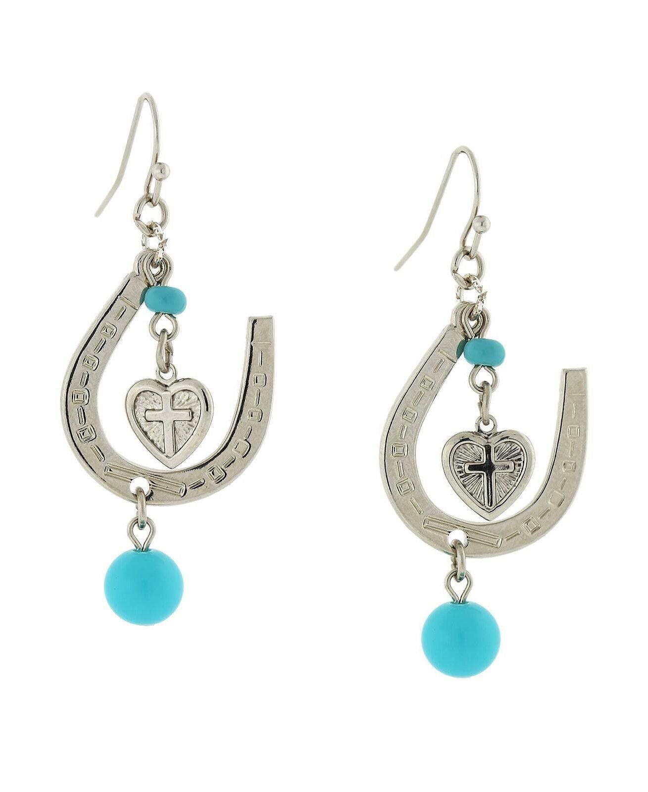 1928 Jewelry Southwest Turquoise Horseshoe And Heart Cross Drop Earrings