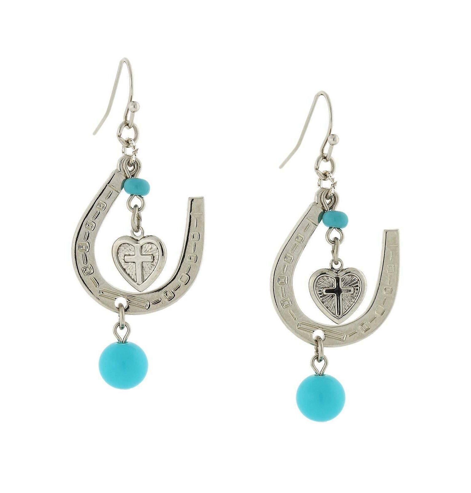 1928 Jewelry Southwest Turquoise Horseshoe And Heart Cross Drop Earrings