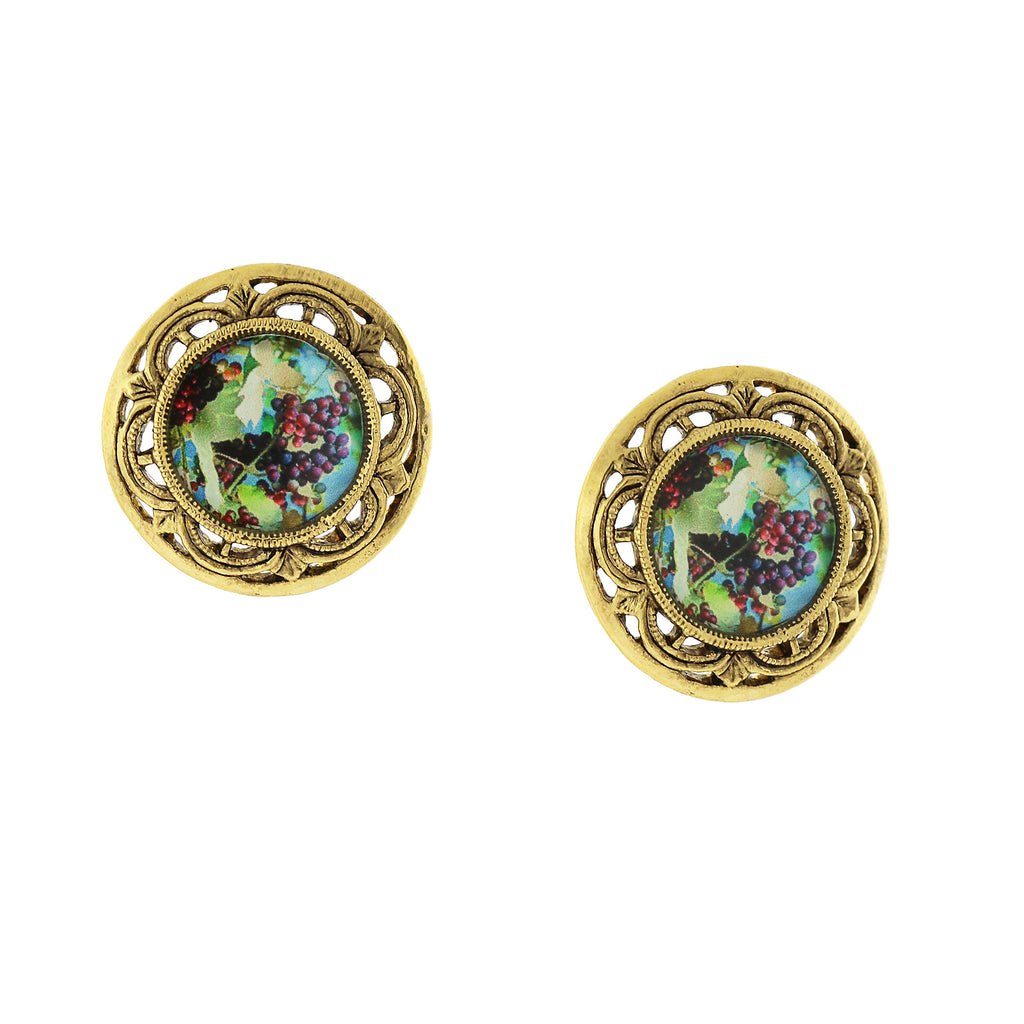 14K Gold Dipped Grapes Decal Round Post Earrings