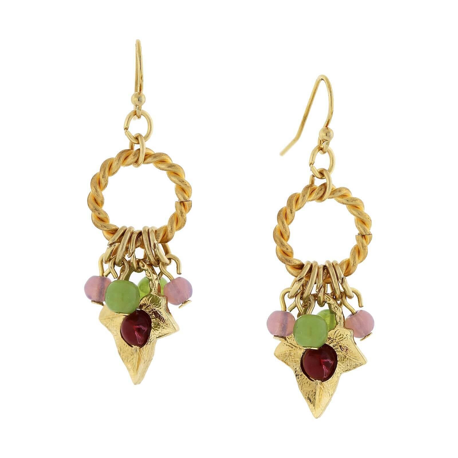 1928 Jewelry Winery Rope Hoop & Grape Leaf Multi-Color Beads Dangling Earrings