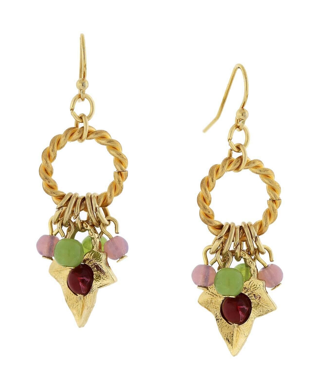 1928 Jewelry Winery Rope Hoop & Grape Leaf Multi-Color Beads Dangling Earrings