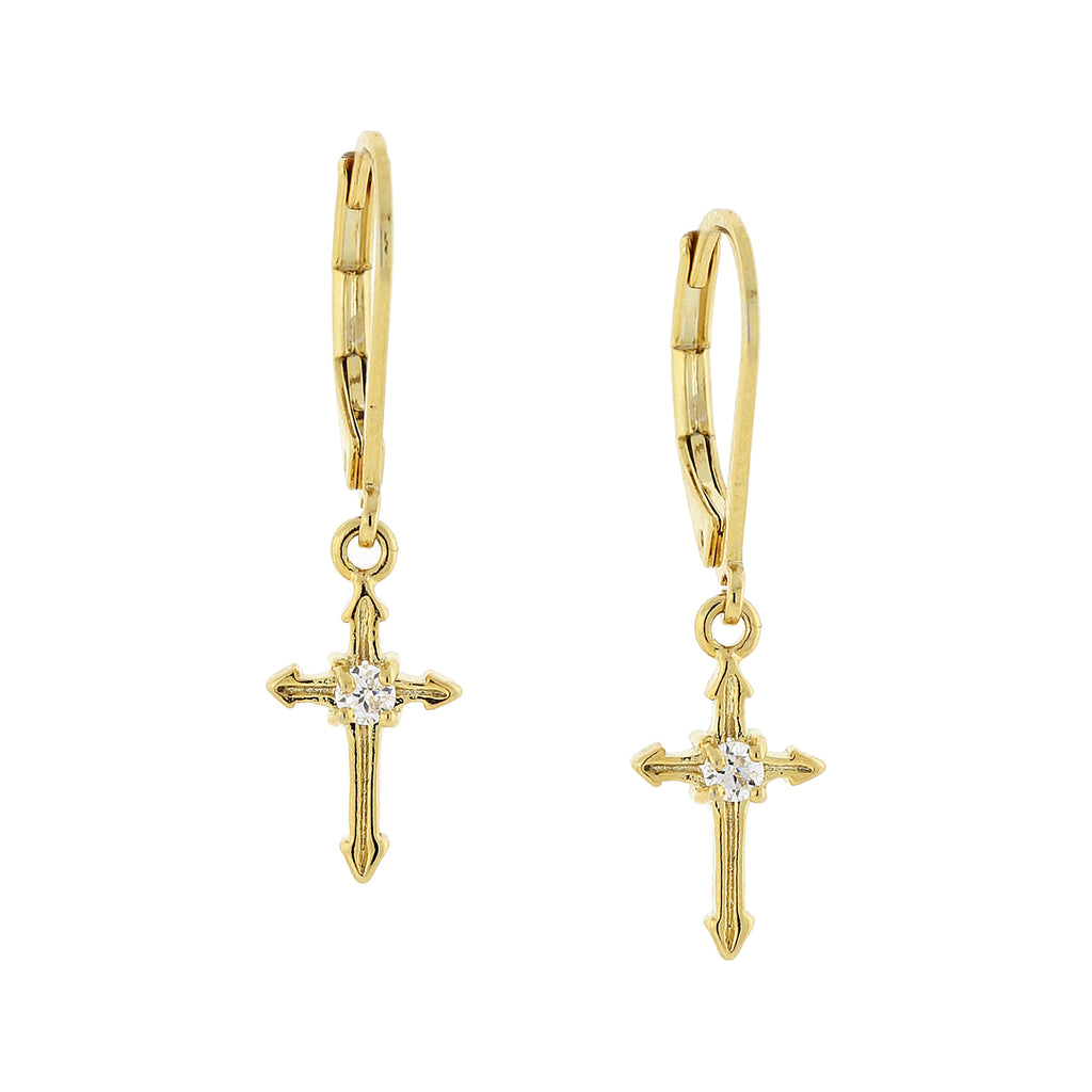 14K Gold Dipped Cubic Zirconia Cross Drop Earrings