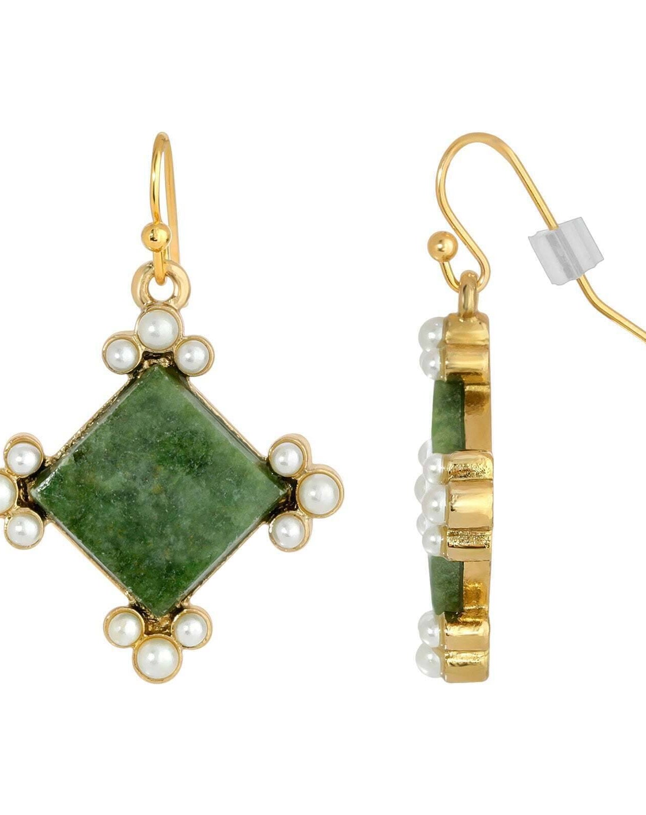 1928 Jewelry Gemstone Green Aventurine Faux Pearl Accent Drop Earrings