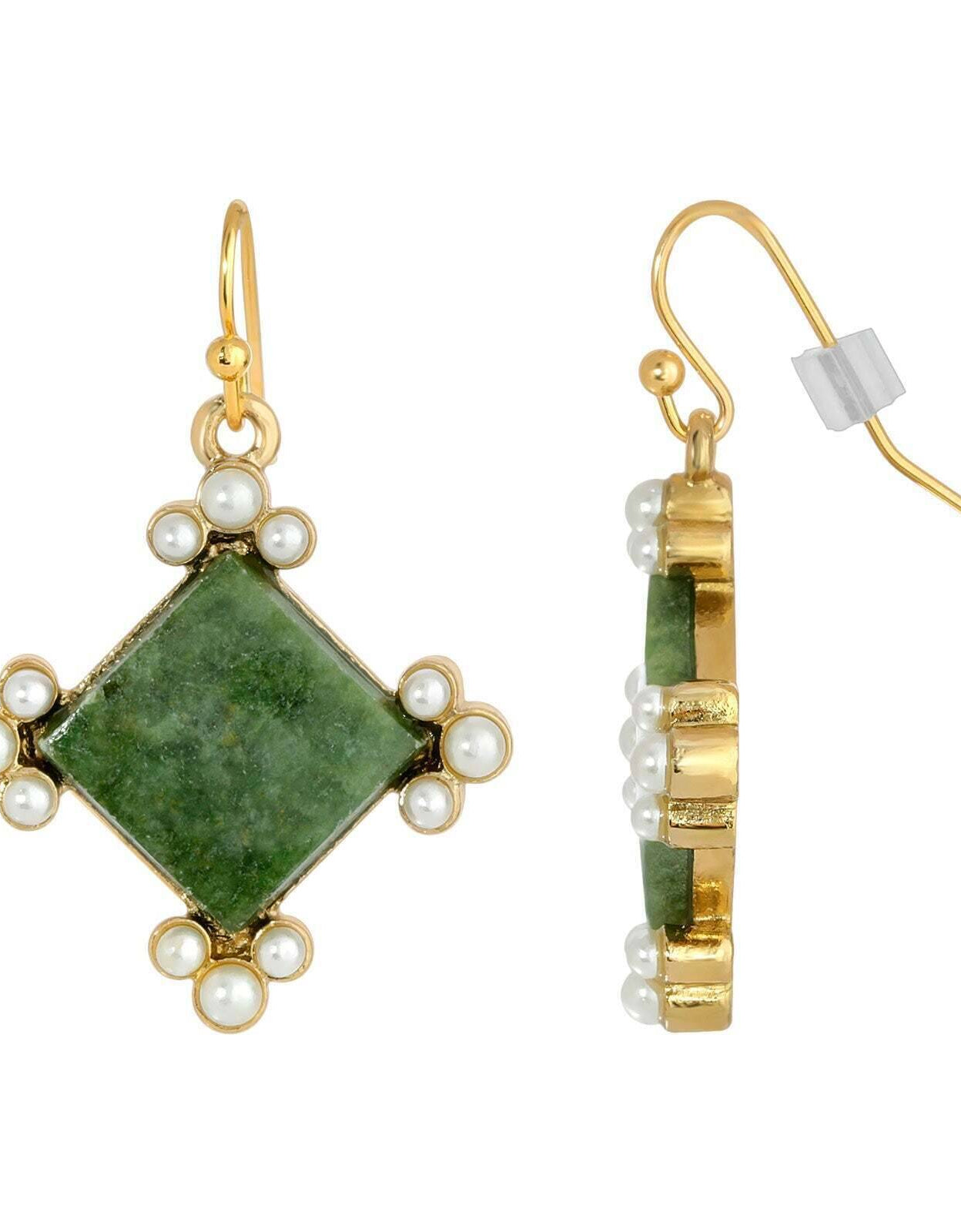 1928 Jewelry Gemstone Green Aventurine Faux Pearl Accent Drop Earrings