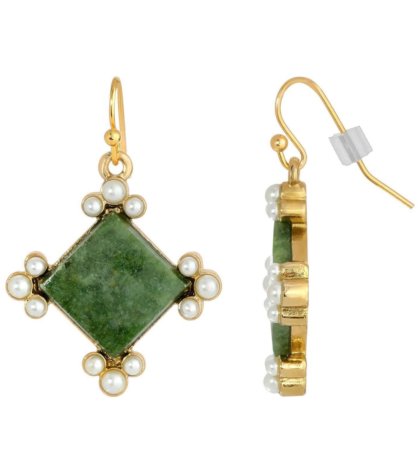 1928 Jewelry Gemstone Green Aventurine Faux Pearl Accent Drop Earrings