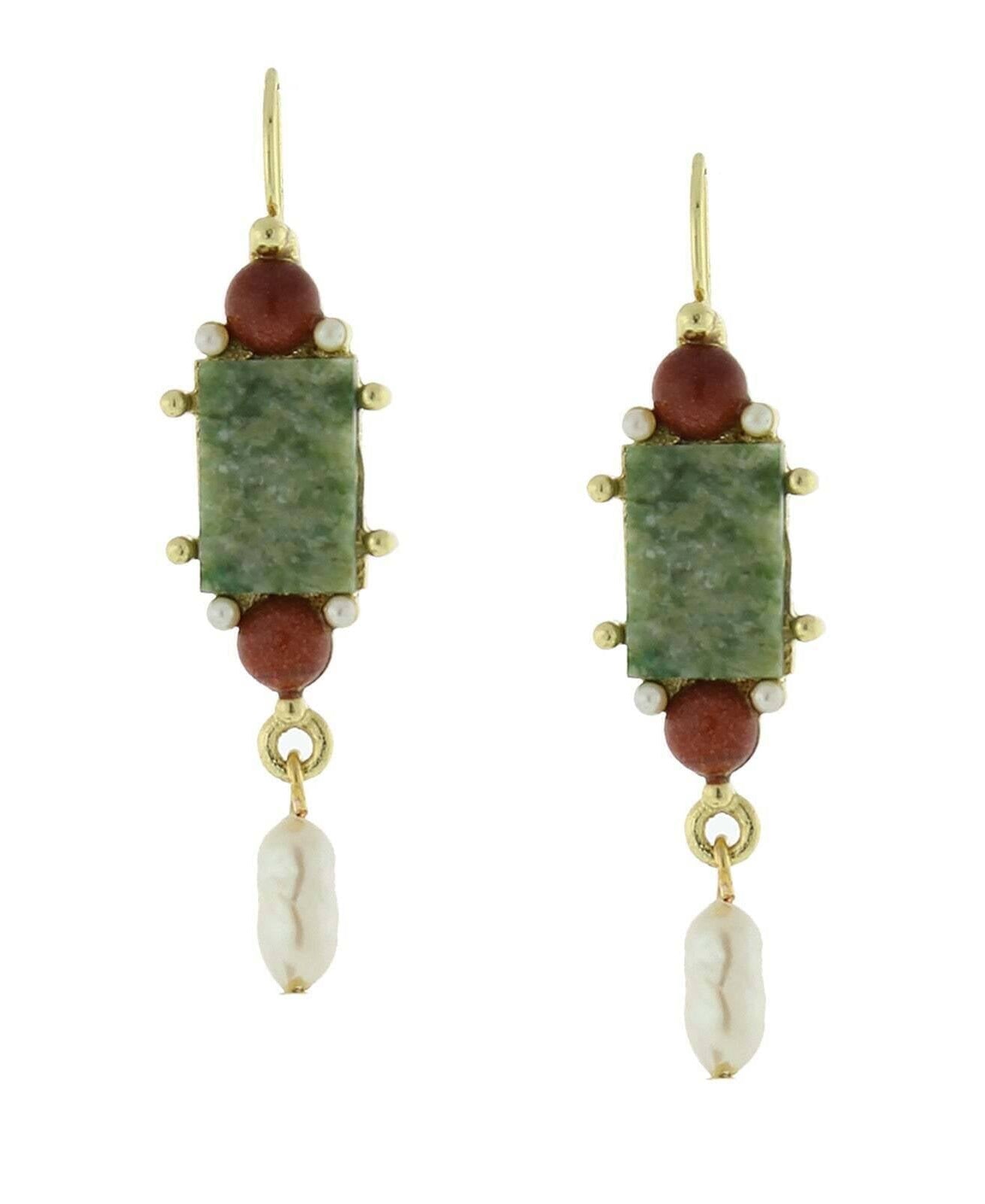 Antiquities Couture Roma Green Aventurine Gemstone Faux Pearl Museum Drop Earrings