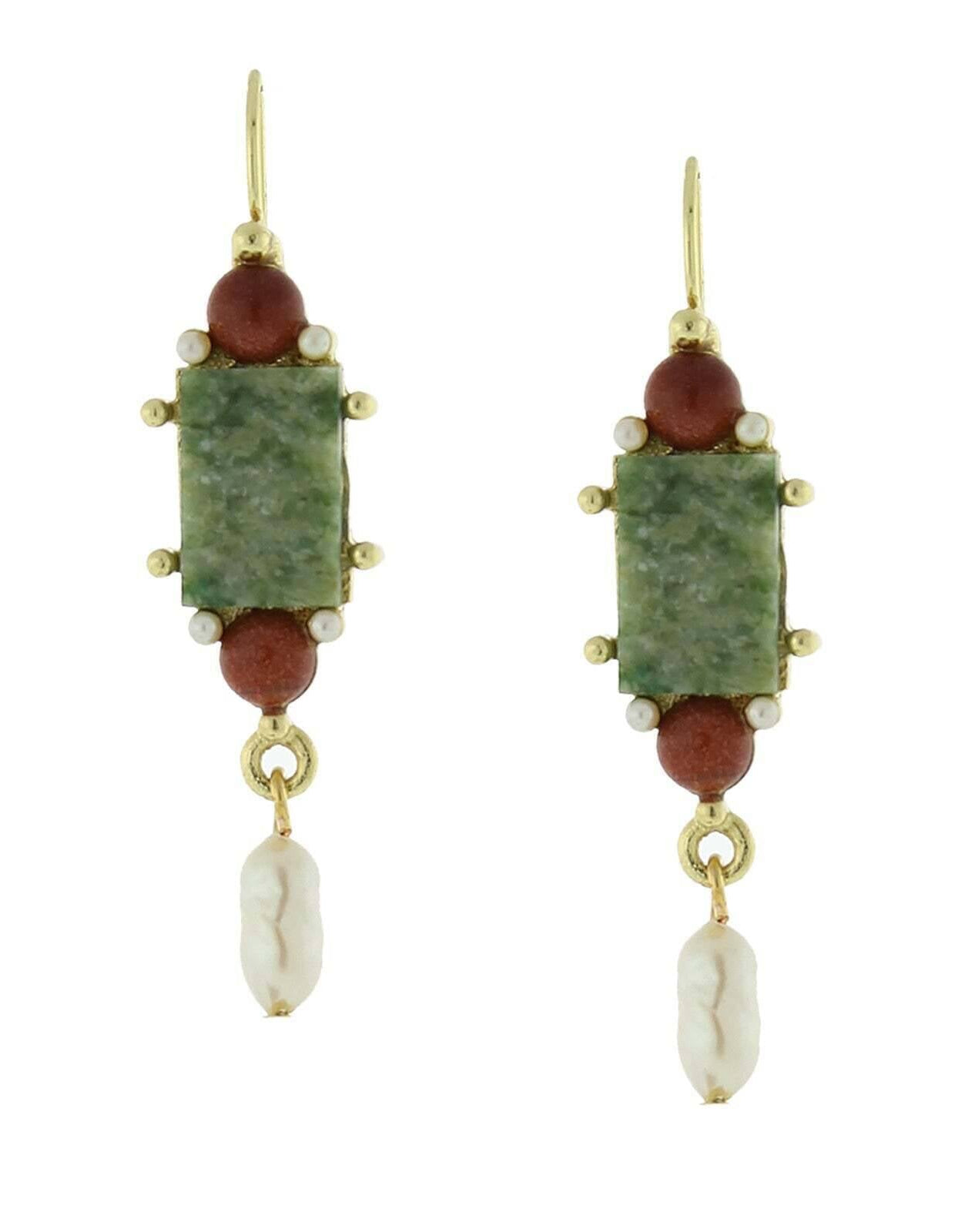 Antiquities Couture Roma Green Aventurine Gemstone Faux Pearl Museum Drop Earrings