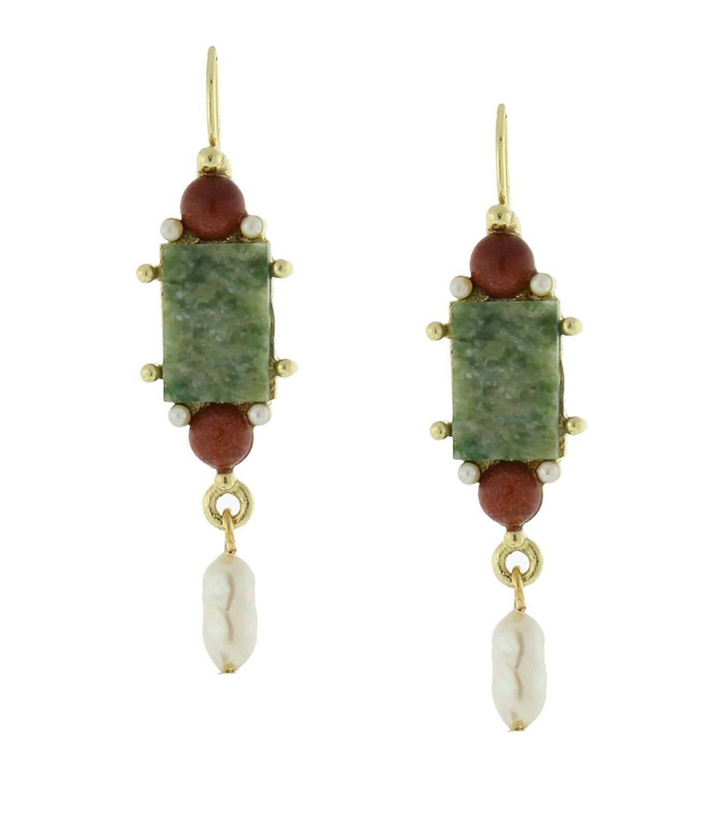 Antiquities Couture Roma Green Aventurine Gemstone Faux Pearl Museum Drop Earrings