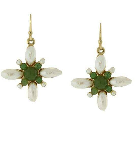 1928 Jewelry Faux Pearl And Gemstone Green Stone Drop Earrings
