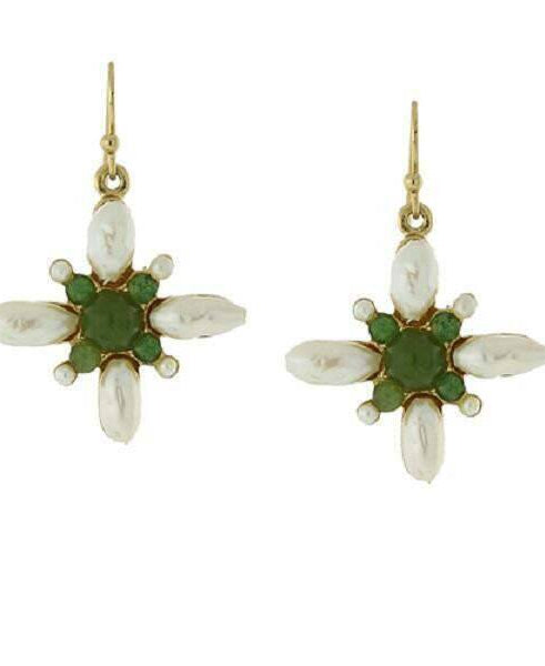 1928 Jewelry Faux Pearl And Gemstone Green Stone Drop Earrings