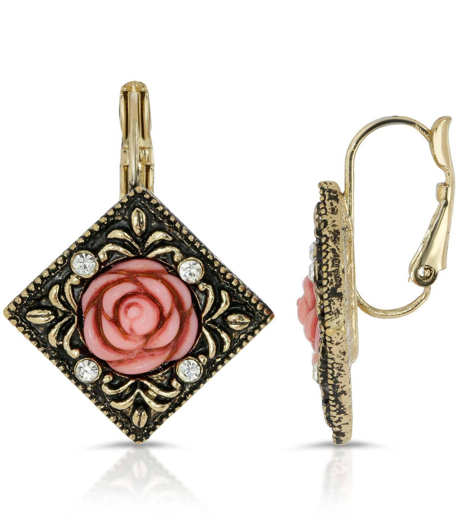 1928 Jewelry Pink Carved Rose With Crystal Accents Diamond-Shape Drop Earrings