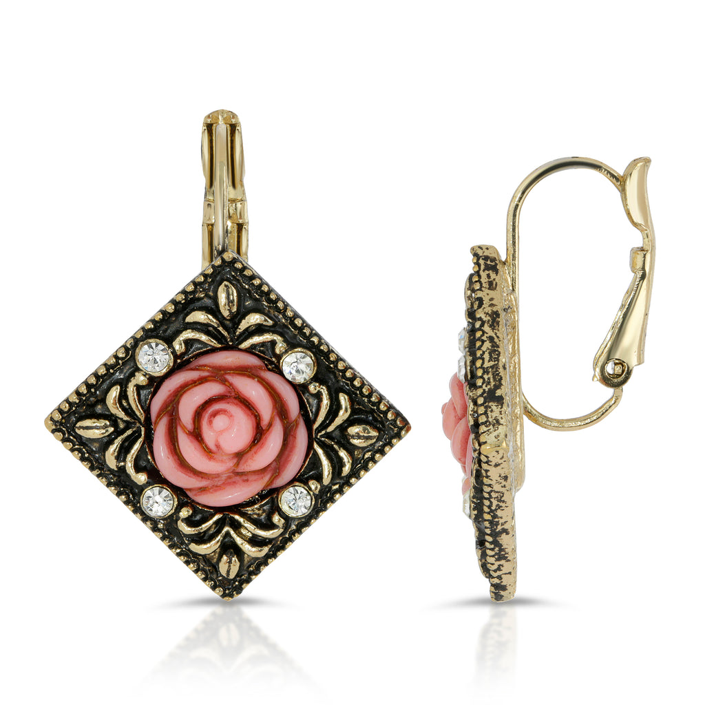 Pink Carved Rose With Crystal Accents Diamond Shape Drop Earrings