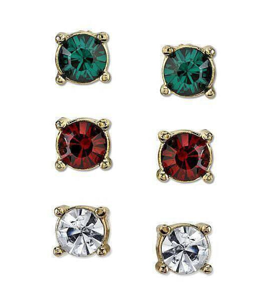 2028 Jewelry Gold-Tone Green, Red, And Crystal Trio Stud Earrings