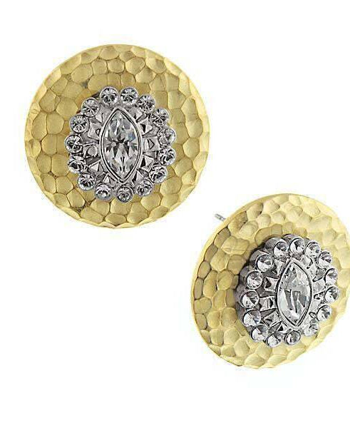 1928 Jewelry Crystal Burst Two Tone Hammered Button Earrings