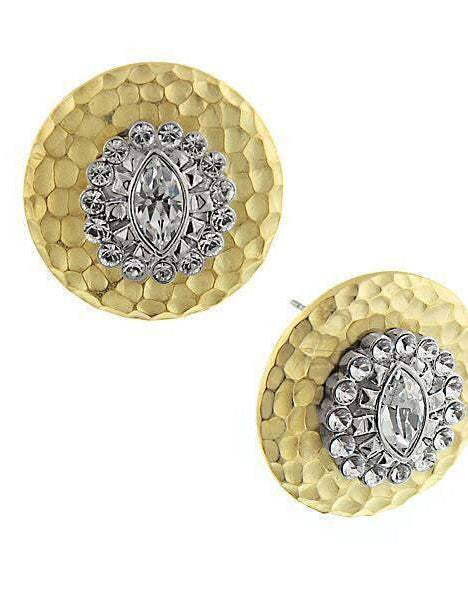 1928 Jewelry Crystal Burst Two Tone Hammered Button Earrings