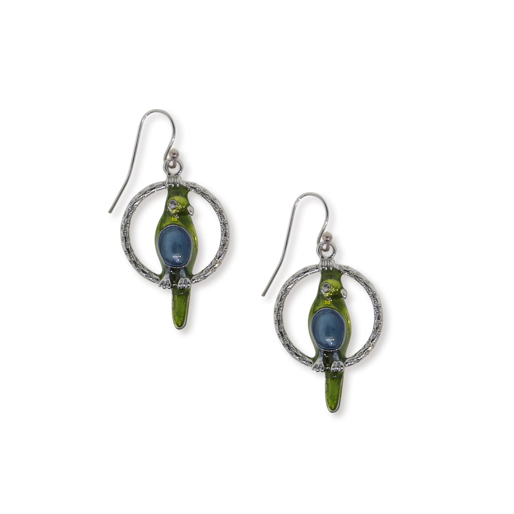 Women's Pewter Hoops With Blue & Green Enamel Parrot Drop Earrings, 1.5