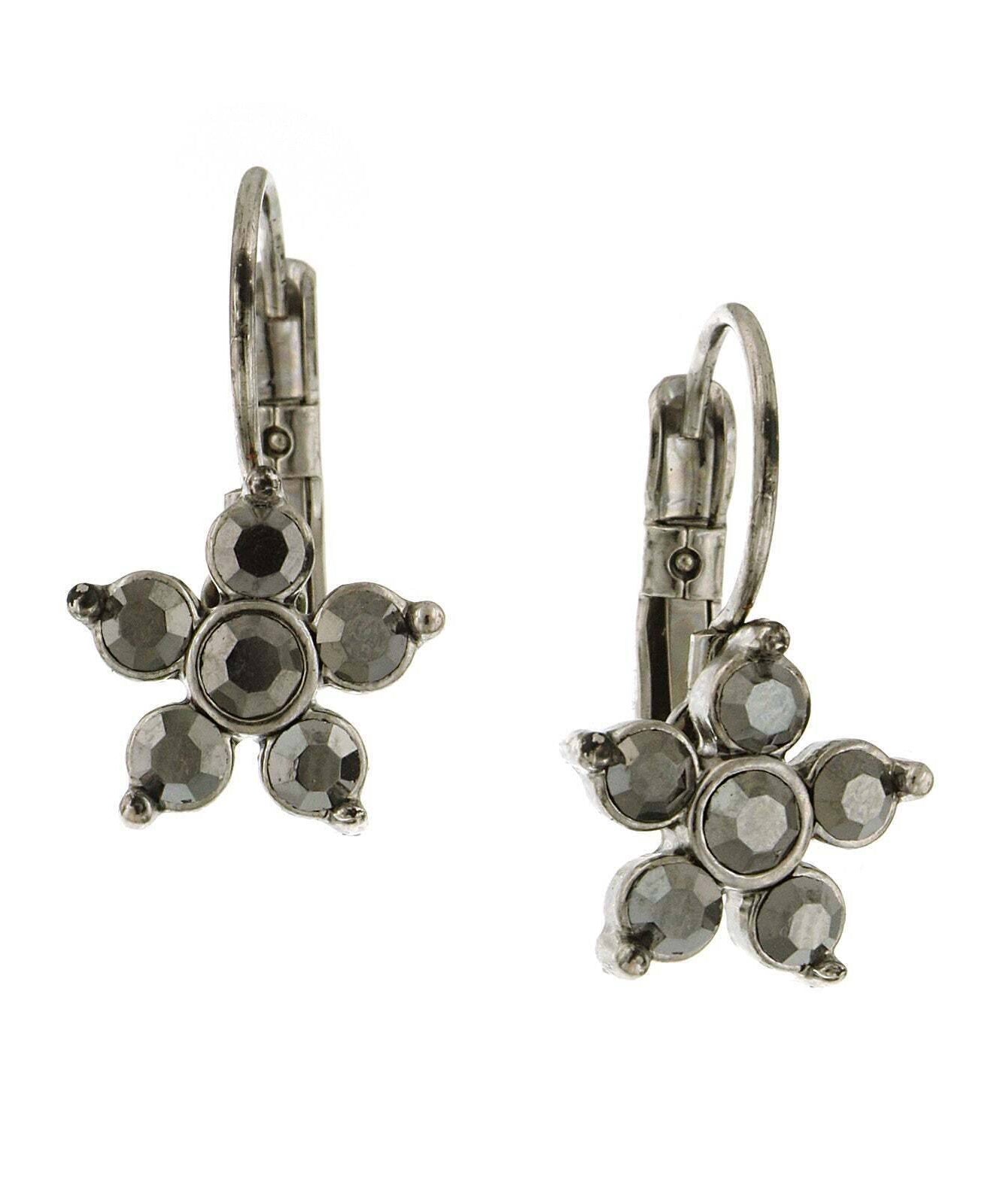 1928 Jewelry Hematite Crystal Flower Lever Back Drop Earrings