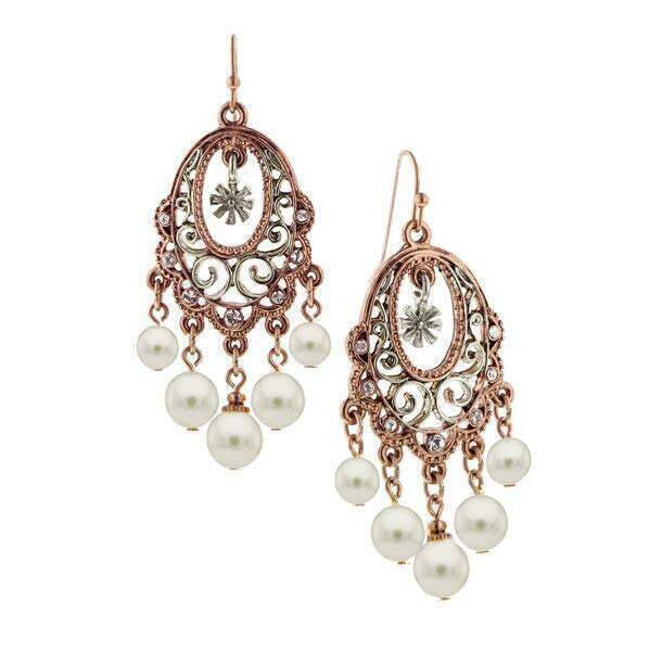 1928 Jewelry Oval Filigree Crystal & Faux Pearl Chandelier Earrings
