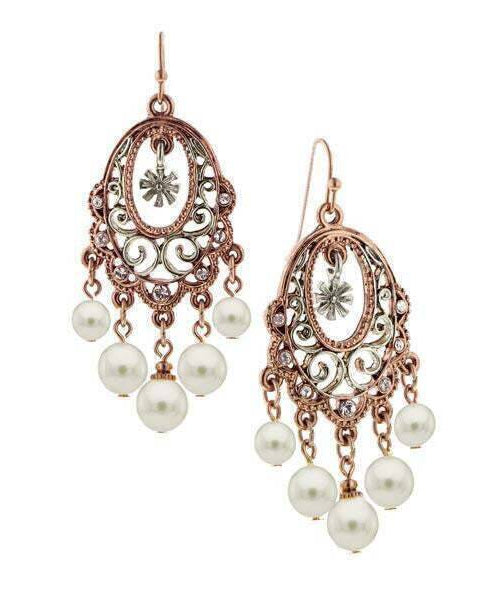 1928 Jewelry Oval Filigree Crystal & Faux Pearl Chandelier Earrings