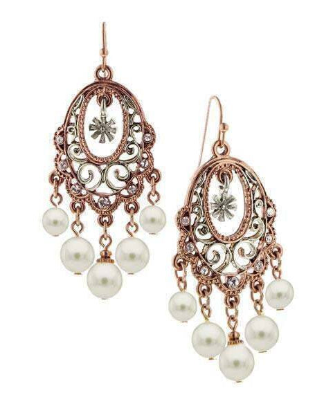 1928 Jewelry Oval Filigree Crystal & Faux Pearl Chandelier Earrings