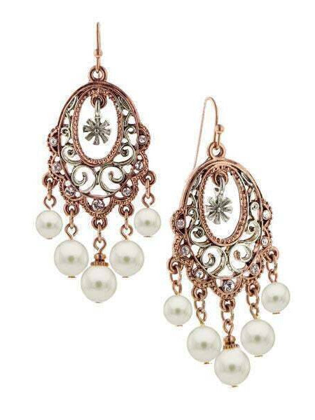 1928 Jewelry Oval Filigree Crystal & Faux Pearl Chandelier Earrings