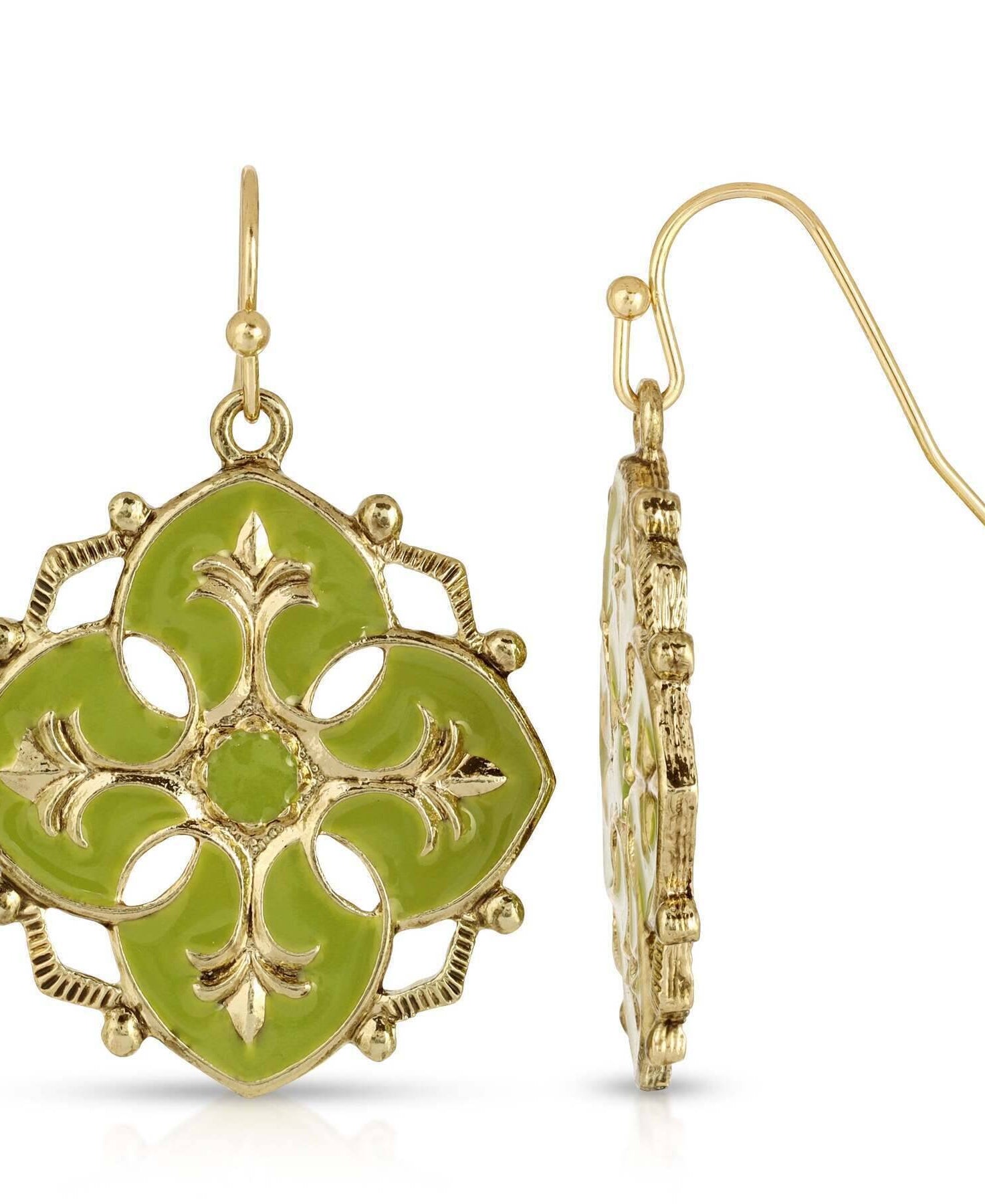 1928 Jewelry Domenica Olivine Green Hand Enameled Drop Earrings