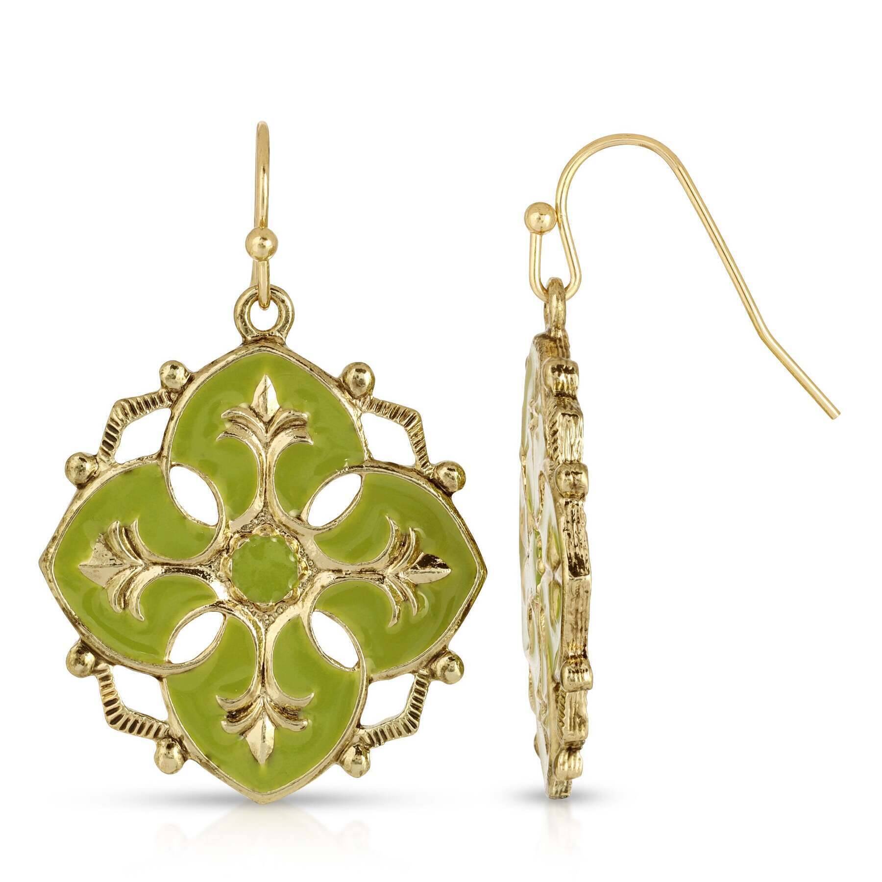 1928 Jewelry Domenica Olivine Green Hand Enameled Drop Earrings