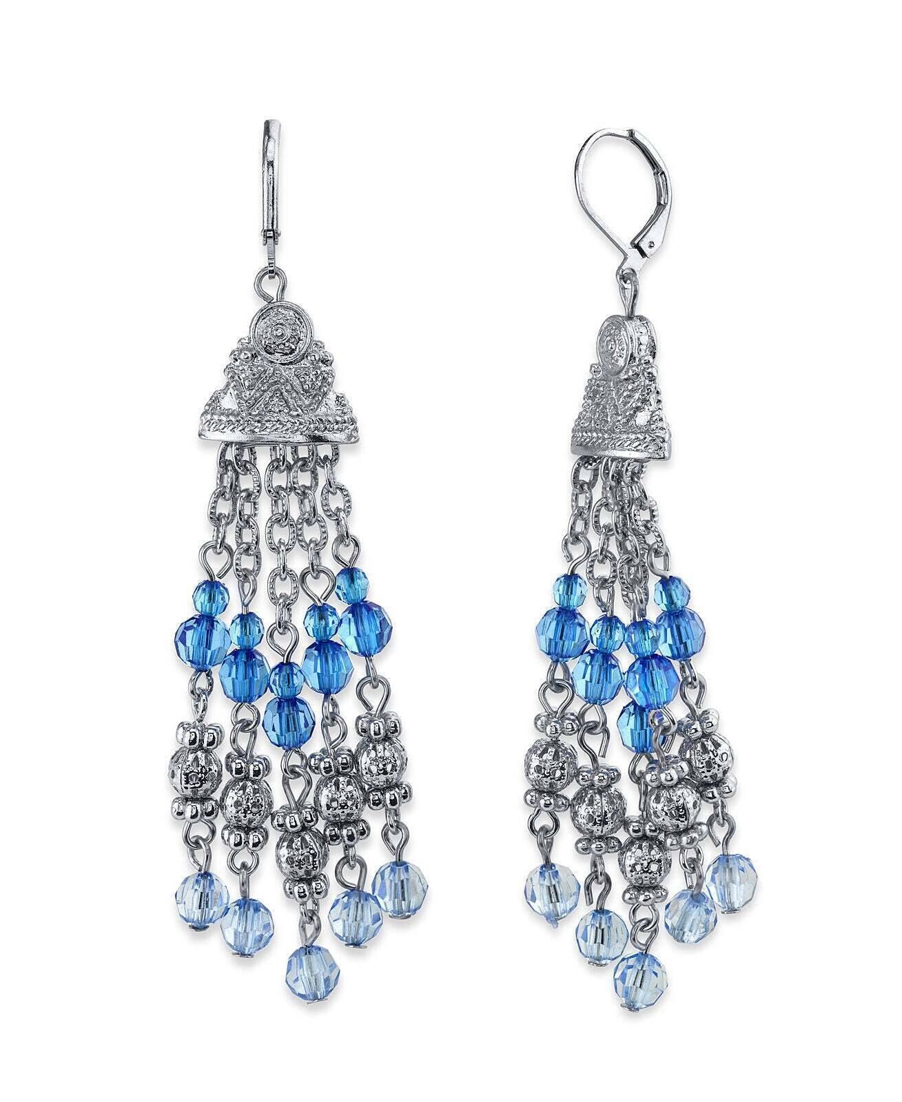 2028 Jewelry Sapphire Blue Crystal Round Puff Filigree Beaded Tassel Drop Earrings