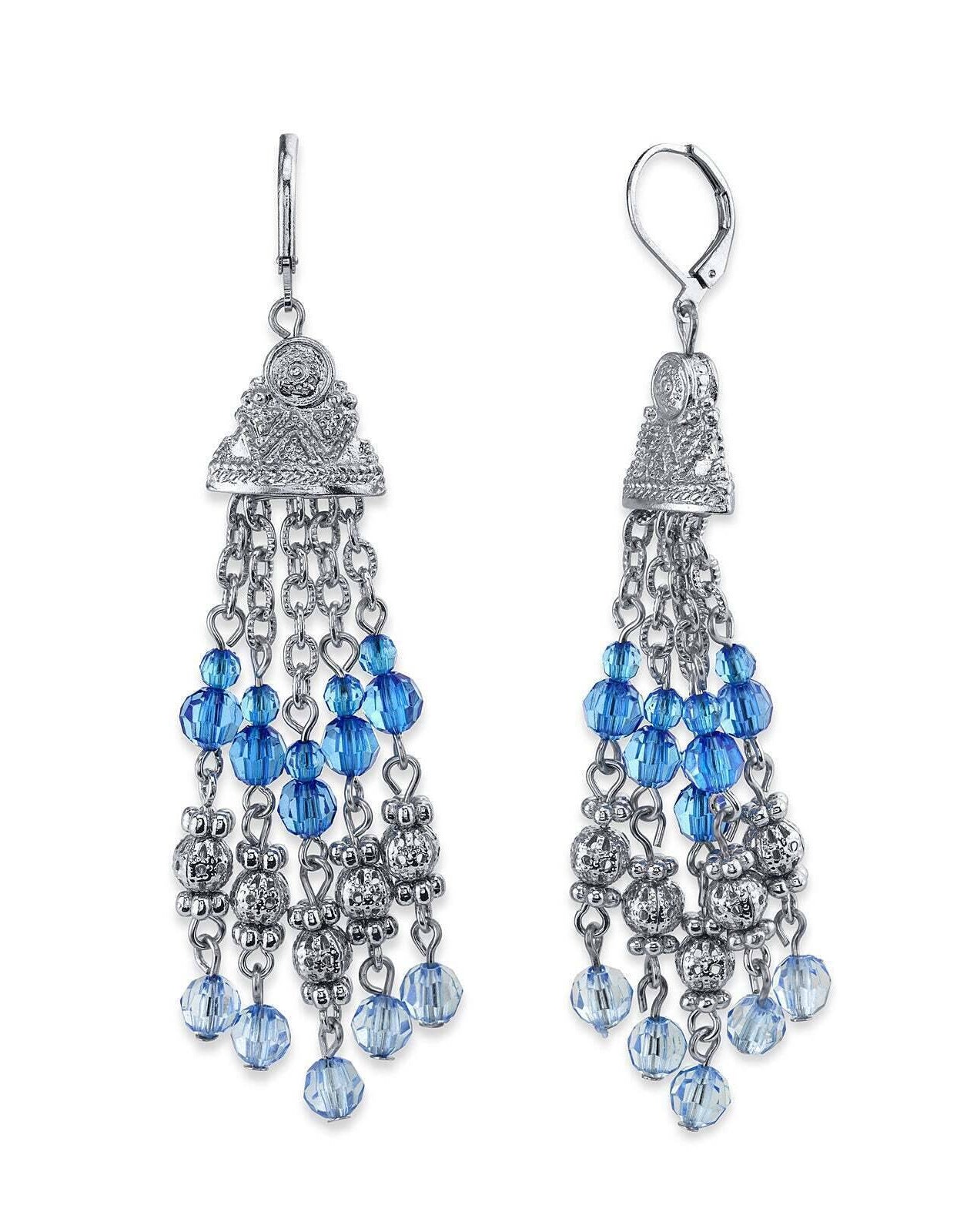 2028 Jewelry Sapphire Blue Crystal Round Puff Filigree Beaded Tassel Drop Earrings
