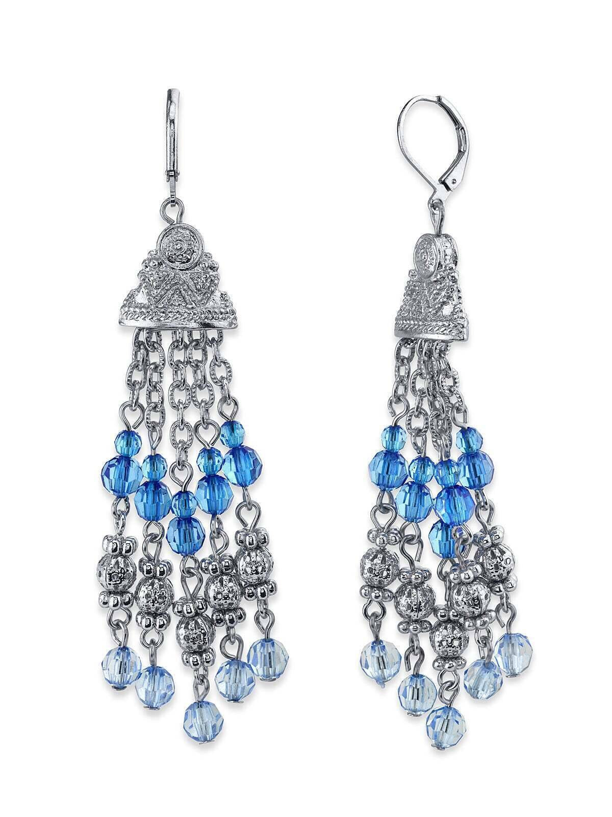 2028 Jewelry Sapphire Blue Crystal Round Puff Filigree Beaded Tassel Drop Earrings