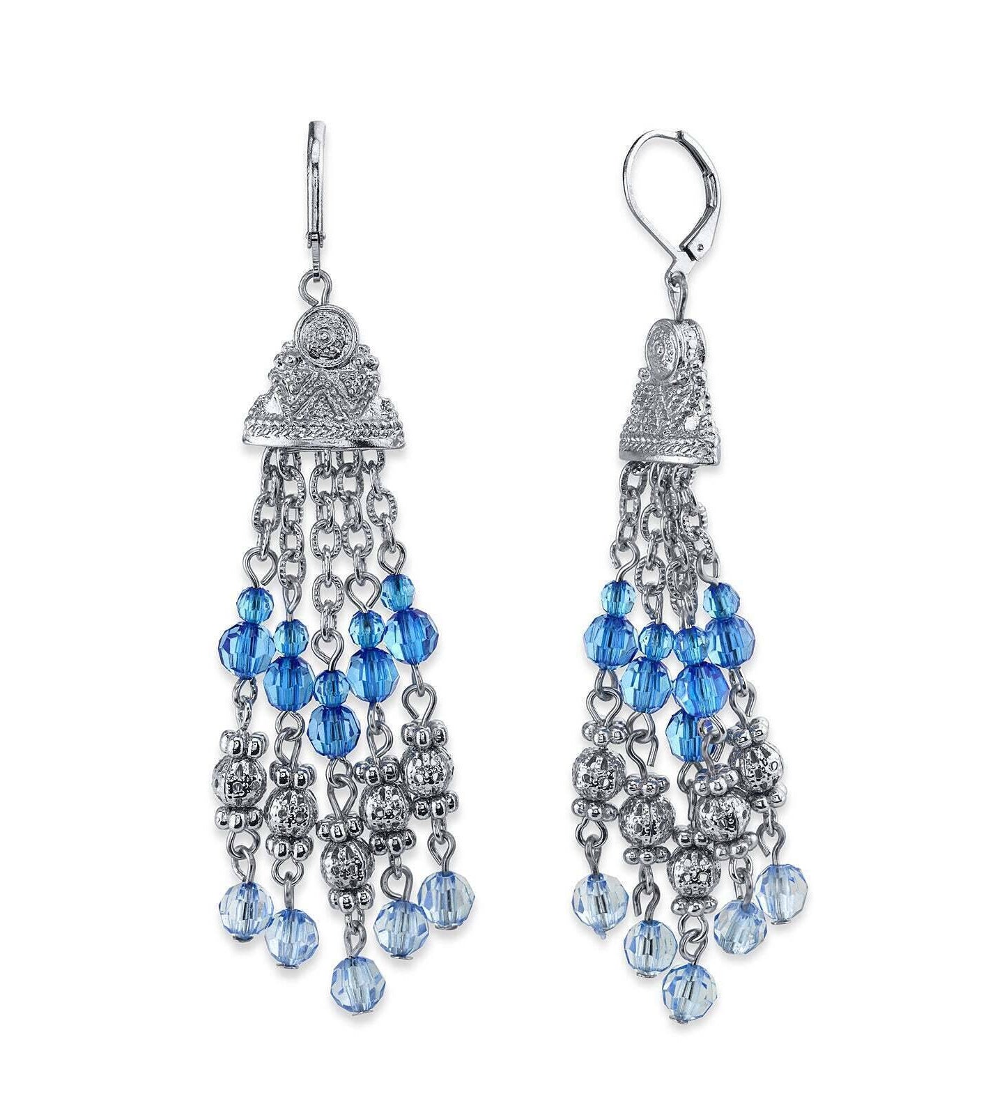 2028 Jewelry Sapphire Blue Crystal Round Puff Filigree Beaded Tassel Drop Earrings