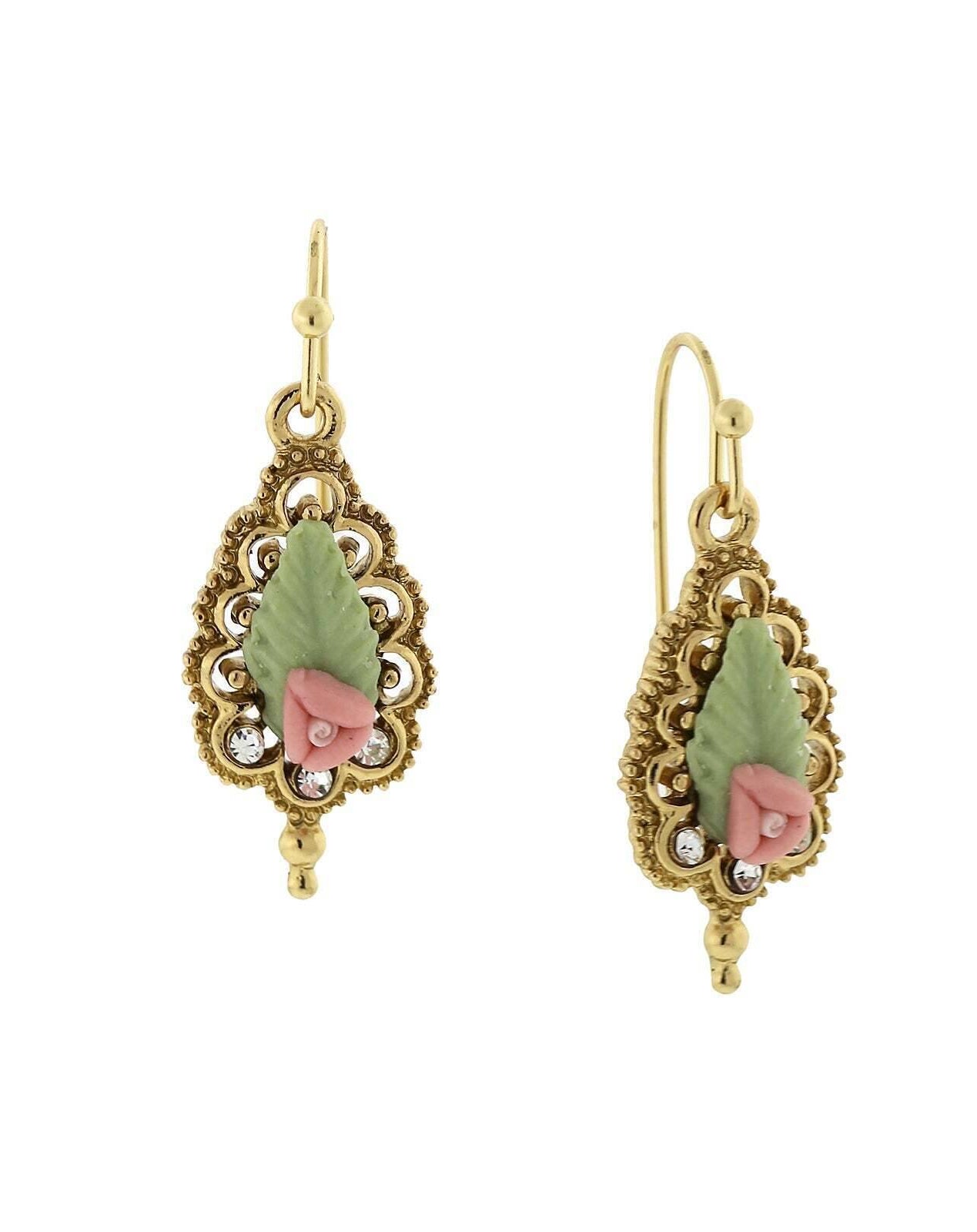1928 Jewelry Fantasia Porcelain Rose Drop Earrings