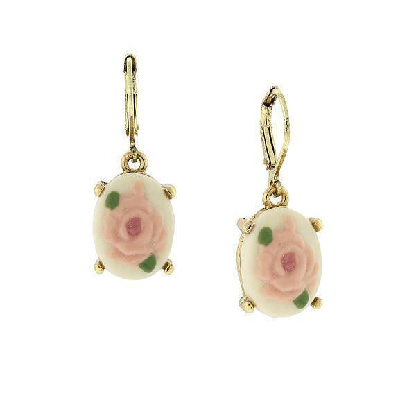 14K Gold Dipped Pink And White Porcelain Rose Cameo Drop Earrings