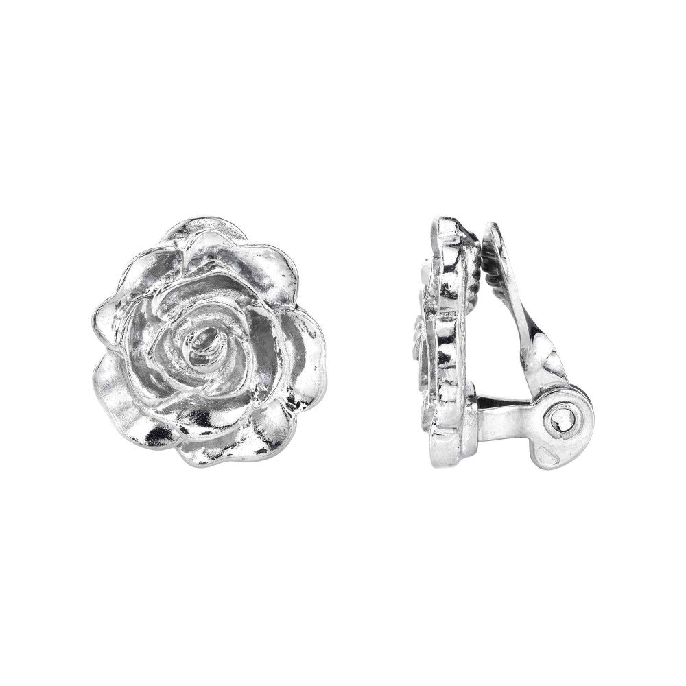 Silver Tone Flower Button Clip On Earrings