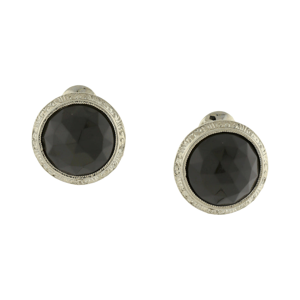 Silver Tone Black Round Button Clip On Earrings