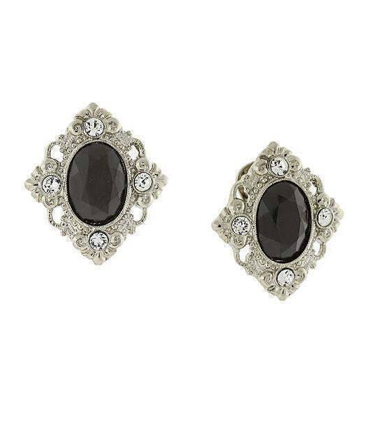1928 Jewelry Black Stone Crystal Accent Clip On Earrings