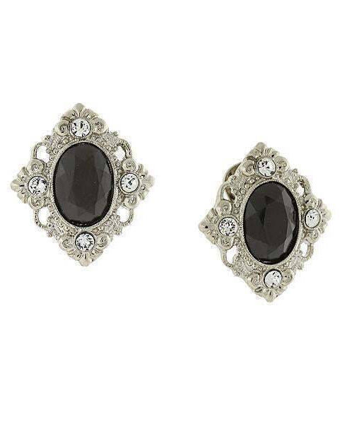 1928 Jewelry Black Stone Crystal Accent Clip On Earrings