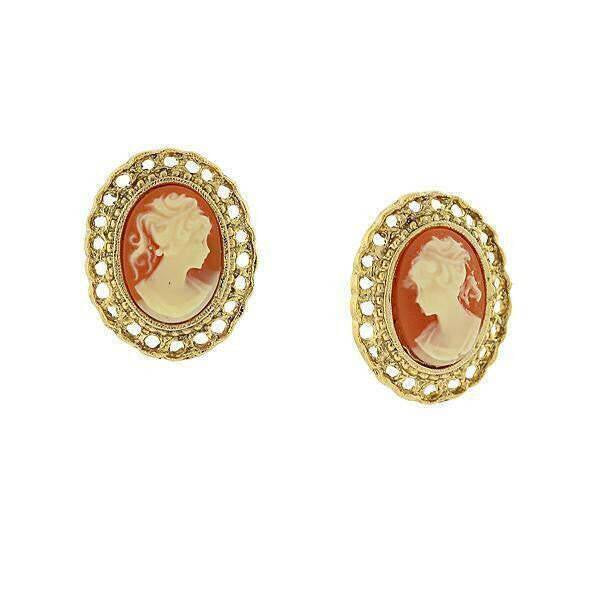 1928 Jewelry Cameo Oval Filigree Button Clip On Earrings