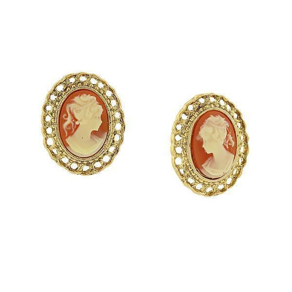14K Gold Dipped Cameo Oval Filigree Button Clip On Earrings