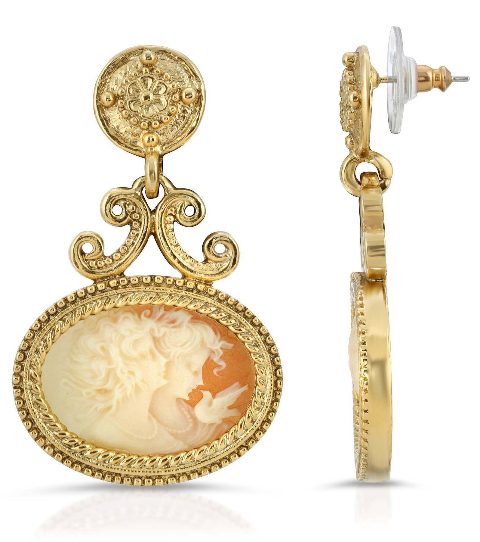 Antiquities Couture Carnelian Color Cameo Twin Muse And Bird Drop Earrings